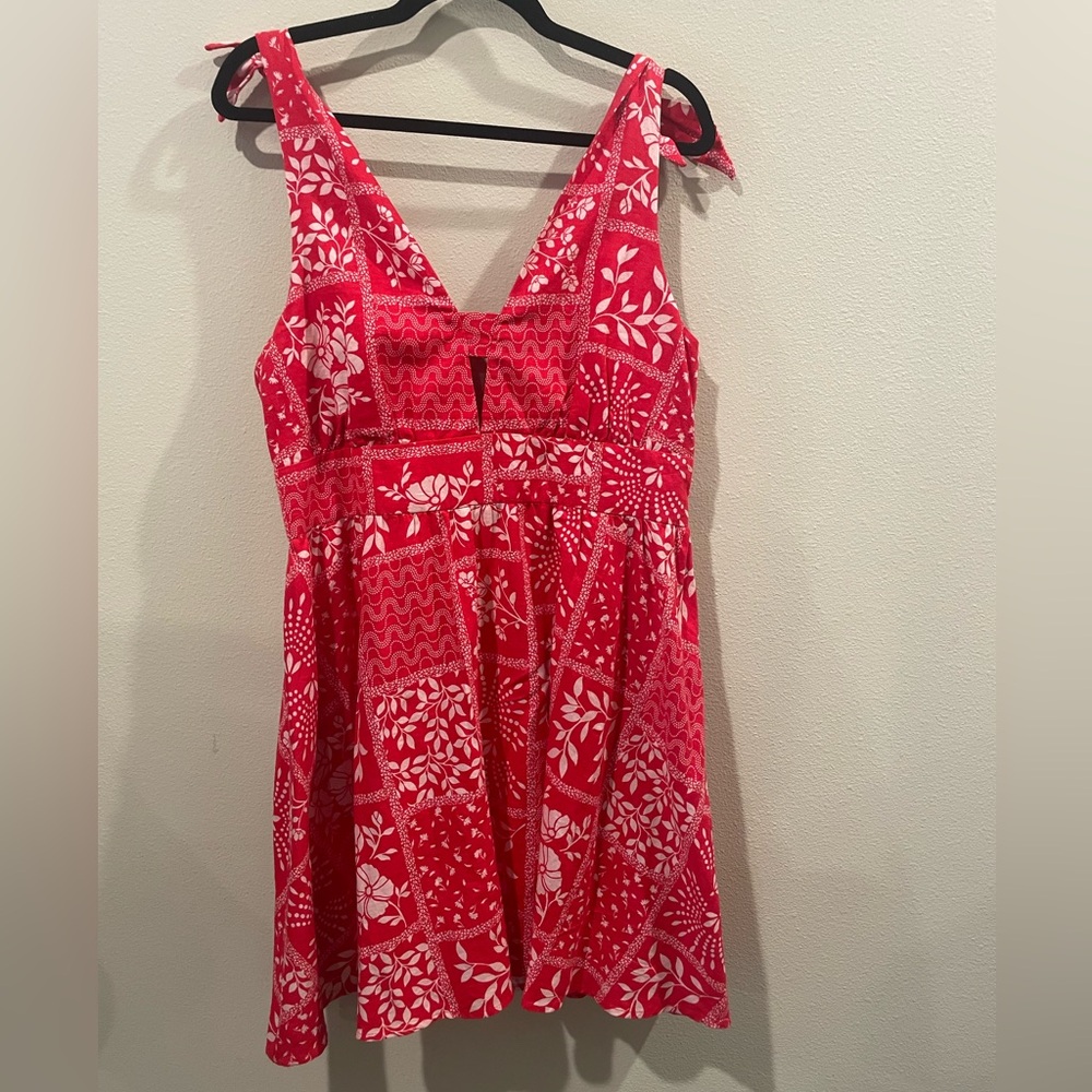 House of Harlow 1960 Linen Blend Red Floral Flowy A Line Short Summer Dress
